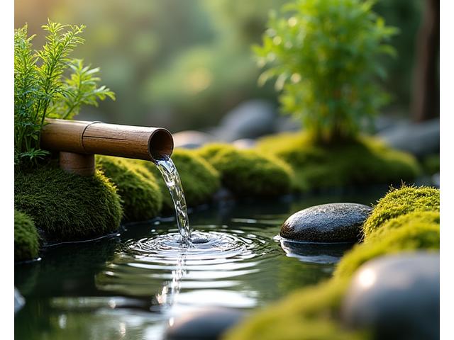 A close-up of a rainwater harvesting system integrated beautifully into a small Japanese garden, demonstrating sustainability