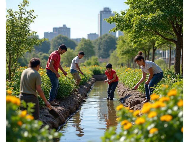 Volunteers and instructors working together on a community garden water feature project in Osaka
