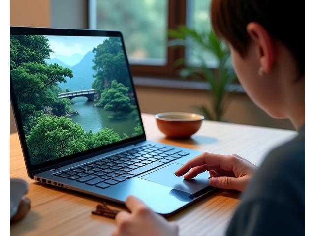 A student engaging with an online course module on a laptop, showing a virtual Japanese garden design