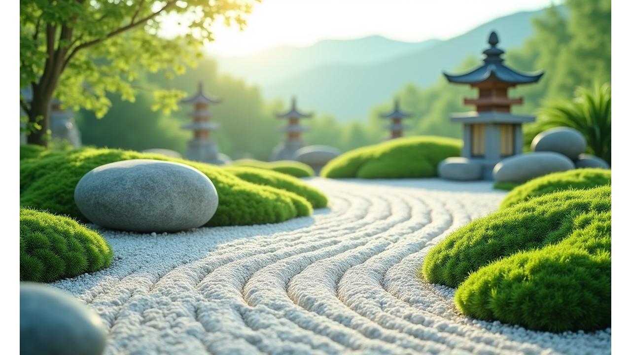 Zen rock garden with careful patterns and a distant view of lush green mountains under a soft sky
