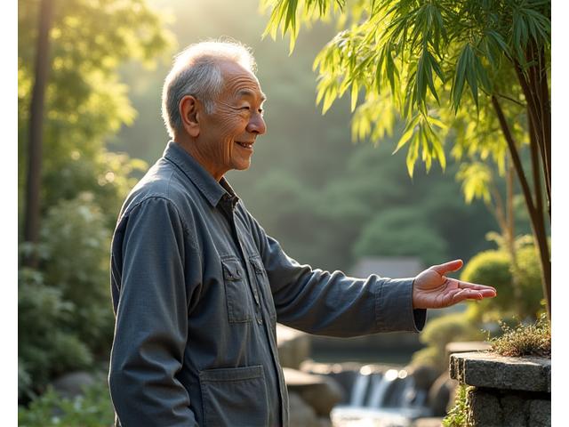 Aoki Sensei teaching students about water features in a traditional Japanese garden