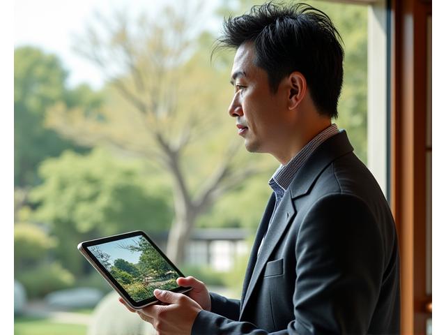 Yamada Sensei designing a garden layout on a digital tablet, with a traditional Japanese garden in the background