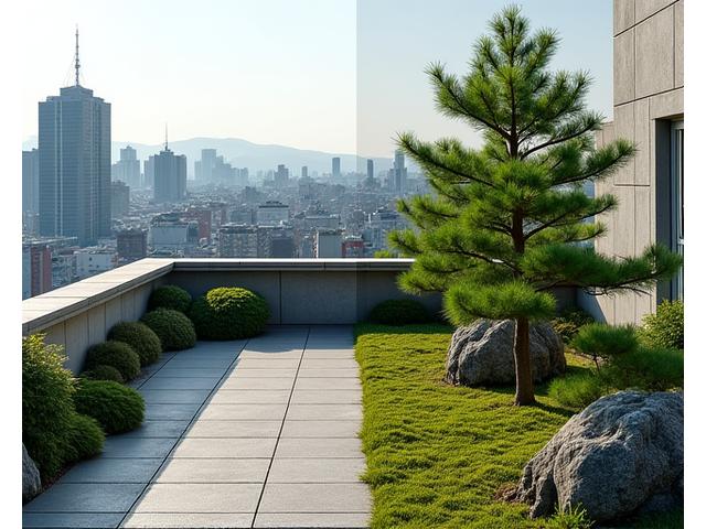 大阪市の屋上庭園のビフォーアフター:殺風景なコンクリートエリアから緑豊かな山岳スタイル庭園へ