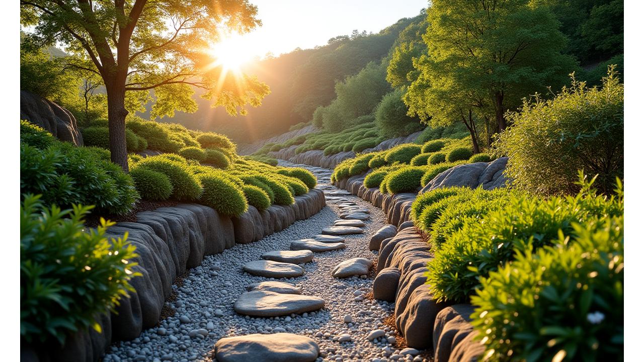 伝統的な石積みと植生で安定化した日本の急斜面