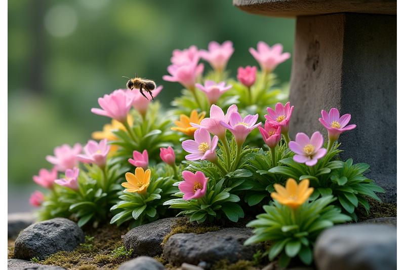 日本庭園の石灯籠の近くに咲く、蜜源となる多様な在来植物とミツバチ