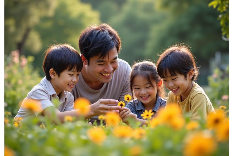 日本の子供たちが庭でミツバチの生態を学ぶ様子