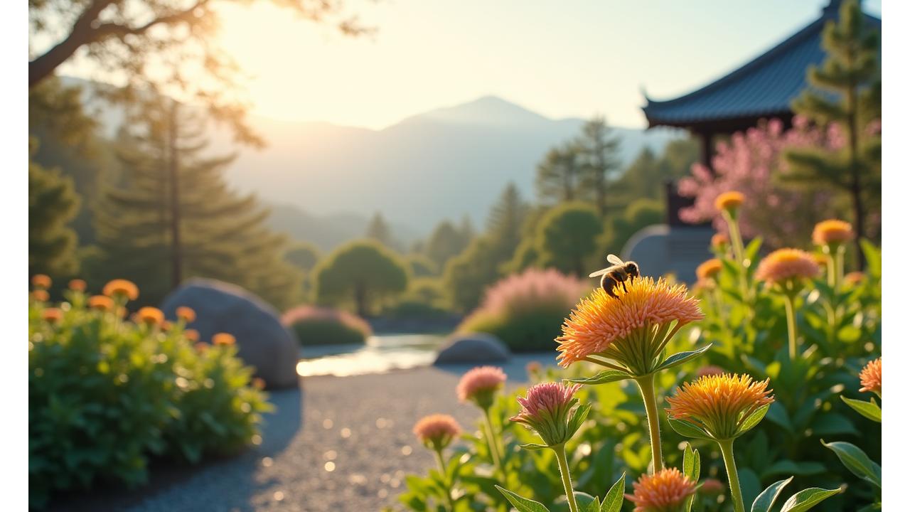 日本の山岳庭園に咲く、蜜を集めるミツバチと豊かな生態系