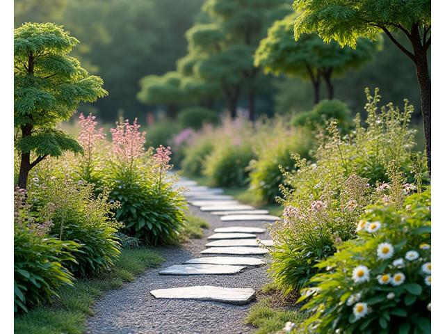 日本庭園に整然と配置された多様な蜜源植物