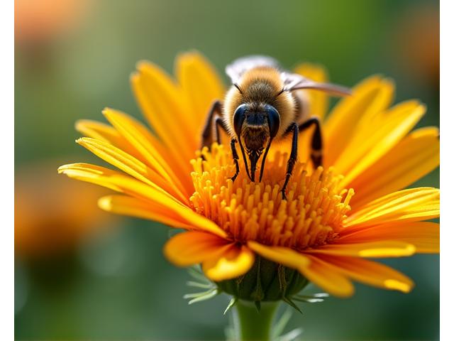 鮮やかな日本の在来植物の花とミツバチ、マクロ撮影