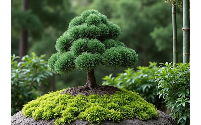 剪定された松の木、苔、竹など、様々な日本固有の植物が調和して植えられた様子