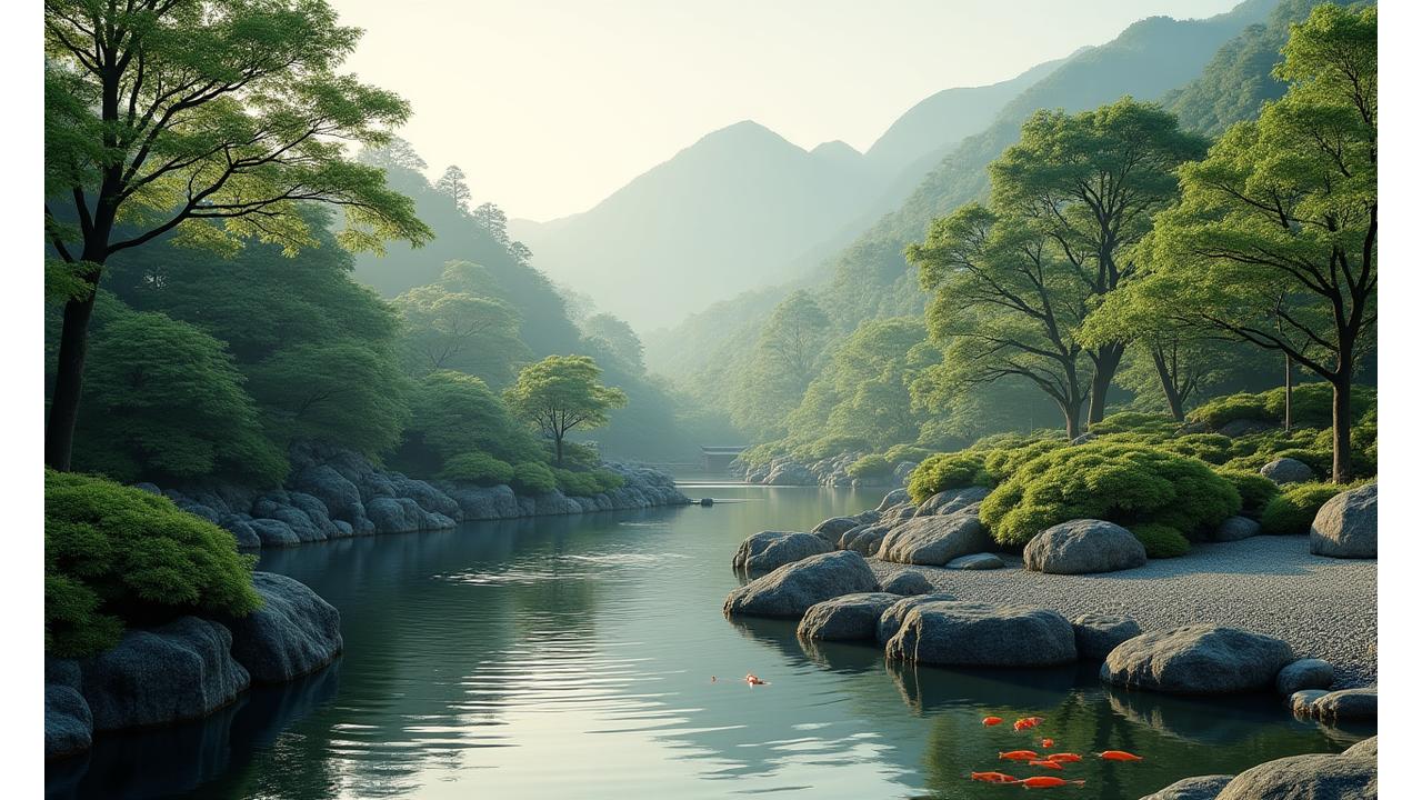 伝統的な日本庭園の息をのむような美しい全景、穏やかな池、苔むした岩、流れる小川、遠くの山々を借景として取り入れたデザイン