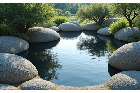 異なるサイズと配置の岩、非対称ながらもバランスの取れた流れを作り出す日本庭園
