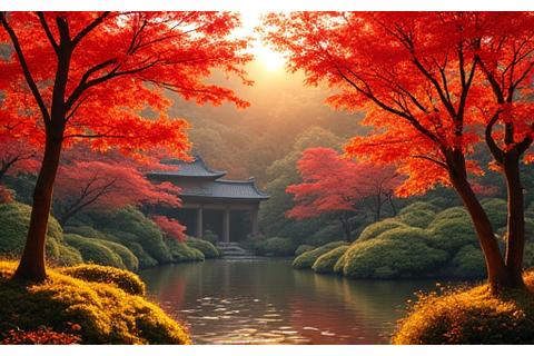 秋の紅葉が際立つ日本庭園の風景、鮮やかな赤とオレンジ色の木々が伝統的な水景を囲む