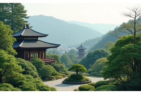 遠くの山々が庭園の一部として見えるように設計された日本庭園の全景、借景の原則を完璧に示す
