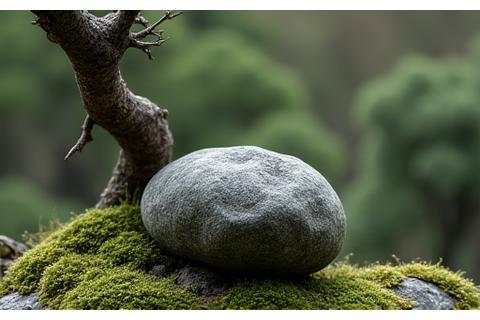 苔むした岩と風化した木々が配置されたミニマリストな庭園、侘び寂びの美しさを示す
