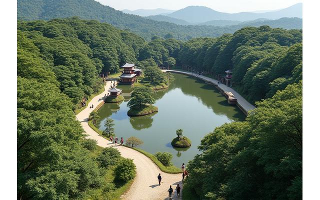江戸時代の回遊式庭園の鳥瞰図、曲がりくねった小道、池、茶室を持つ造りの良い庭園