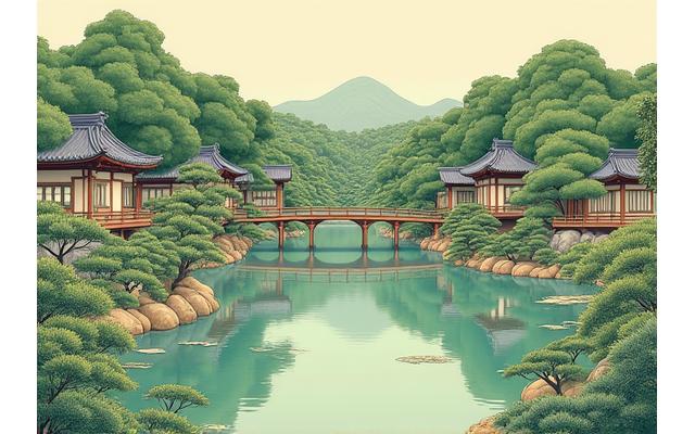 平安時代の貴族の邸宅にある広々とした池泉庭園のイラスト、優雅な橋と植物に囲まれている