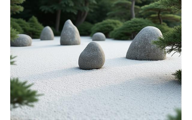 石と白い砂で作られた抽象的な枯山水庭園の全景、禅の静けさを表現