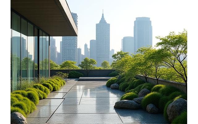 現代的なミニマリストデザインを取り入れつつ、伝統的な要素を持つ屋上日本庭園の広角ショット