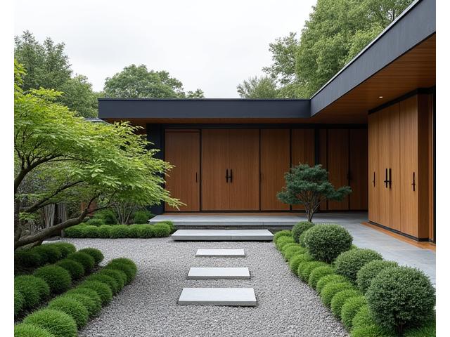 現代的な住宅の裏庭に巧妙に組み込まれた、伝統的な要素を持つミニマリストな日本庭園