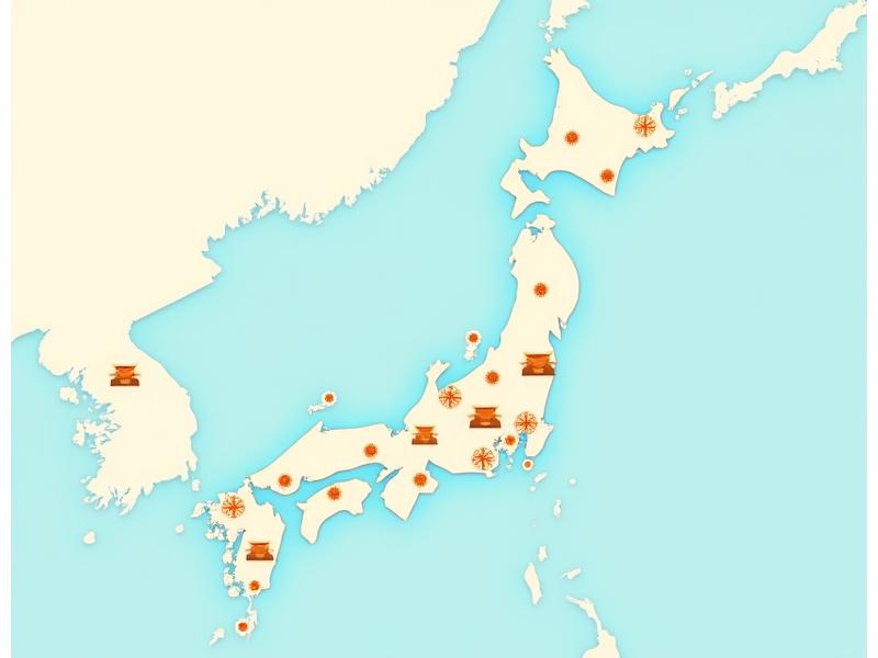 日本地図上に京都、大阪、東京の庭園スタイルが記されたインタラクティブマップ