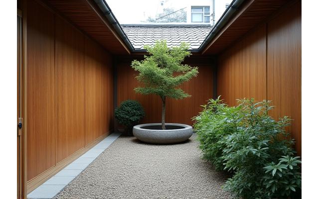 大阪にある伝統的な町家の中庭、小規模ながらも洗練された造り