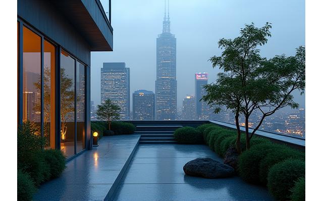 東京の現代的なビル屋上にあるミニマリストな日本庭園、都市のスカイラインを背景に