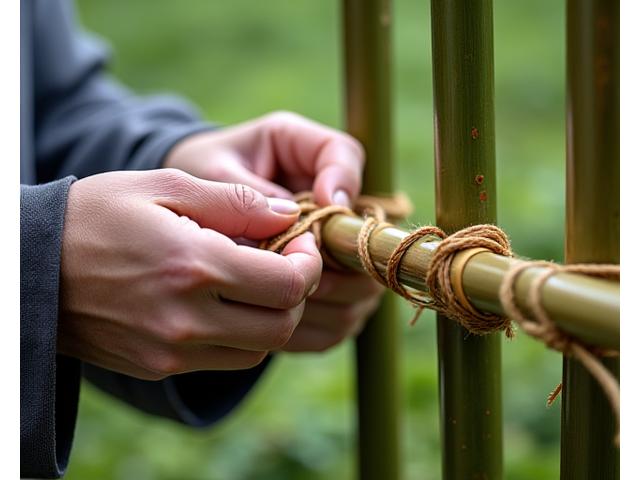 繊細で美しい伝統的な日本の竹垣。職人が竹を結び付けている作業の様子が写っている。