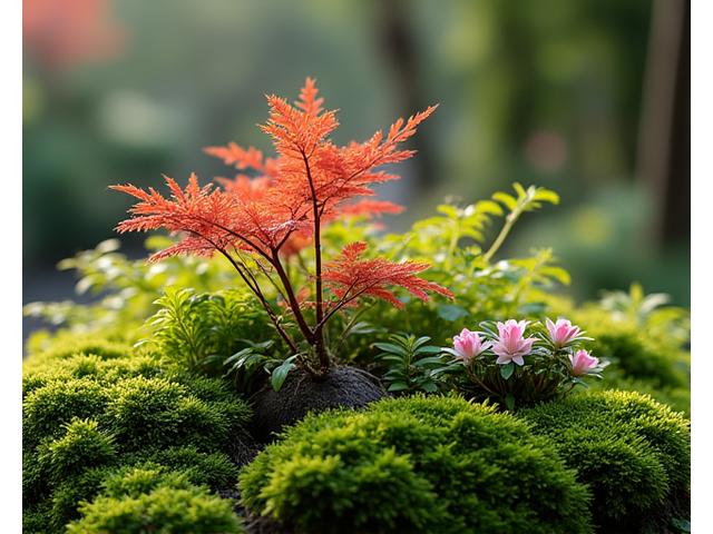 日本の茶庭でよく見られる厳選された植物。苔、ツバキ、カエデの葉が美しく配置されている。
