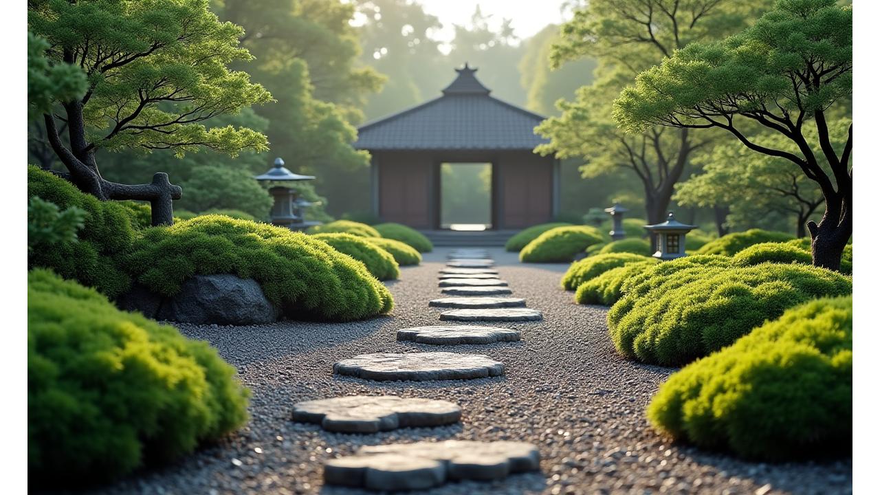 静かで美しい日本の茶庭の全景。石畳の小道、青々とした苔、厳選された植物、そして質素な茶室が見える。
