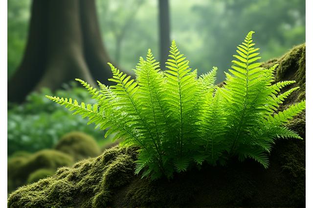 湿った岩場に生い茂るシダ植物