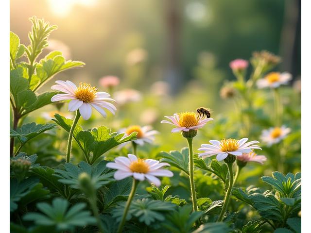 多様な在来植物が咲き乱れる庭園、ミツバチが花粉を集める