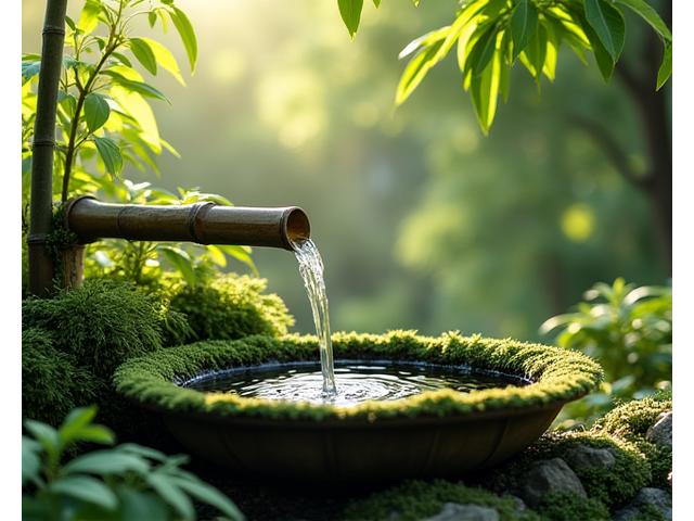 雨水を貯める伝統的な竹製の樋、ゆっくりと庭に水を送り込む様子