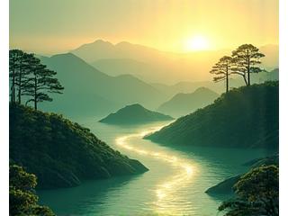 日本の山岳庭園の風景の上で流れるデジタルデータの視覚化