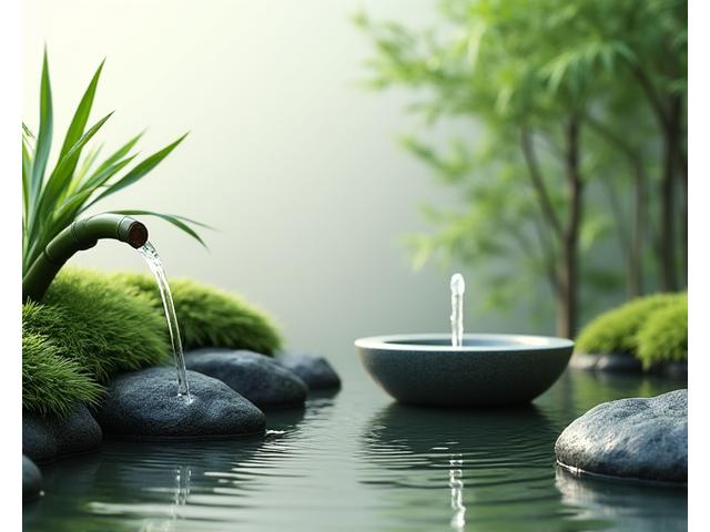 竹筒から水が流れ落ちる伝統的なカケヒ(竹の噴水)