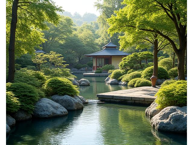 既存の庭の木々や石と融合した新しい水景
