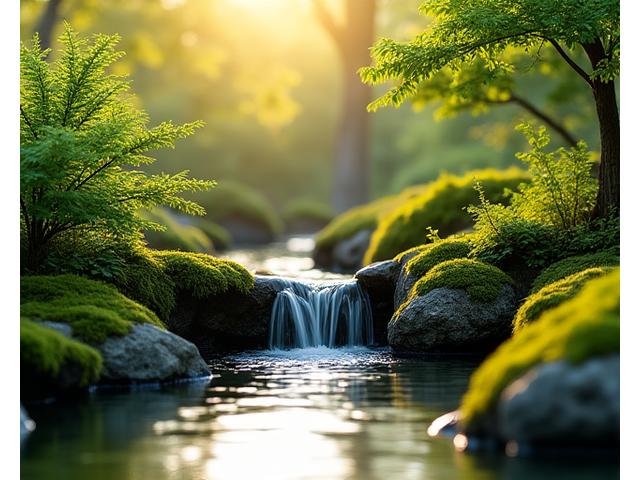 岩と植物に囲まれた本物の山の景観を模倣した小川と滝のデザイン
