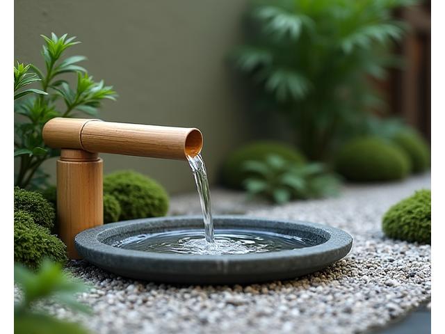竹の筒から水が流れ落ちる、受講生が作った美しいカケヒ