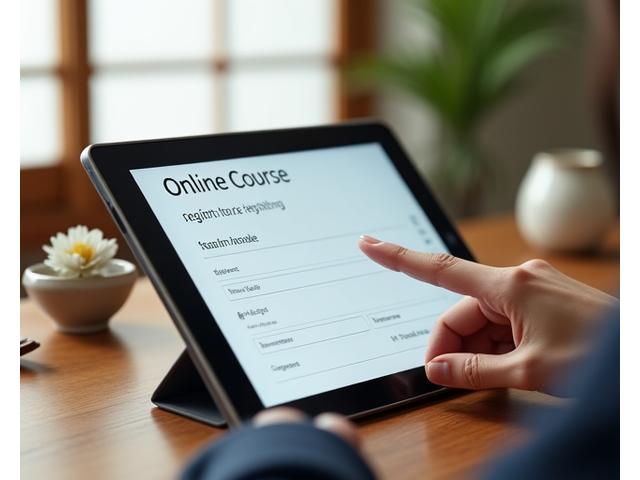 手元のタブレットでオンラインコースの登録画面を見ている人物のクローズアップ。背景にはモダンな書斎があり、日本の伝統的な木工品や緑の植物がさりげなく配置されている。