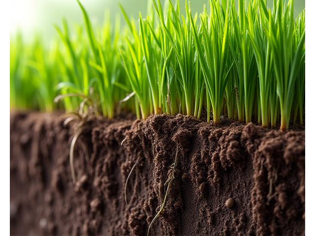 緻密な根系の芝が急な土の傾斜地を安定させているクローズアップ。土壌侵食を防ぎつつ、健康的で緑豊かな芝を維持する様子。