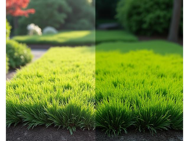 手入れ前の不揃いな芝生の縁と、日本の職人の技で完璧に刈り込まれ、鋭く定義された縁を持つ芝生の比較。