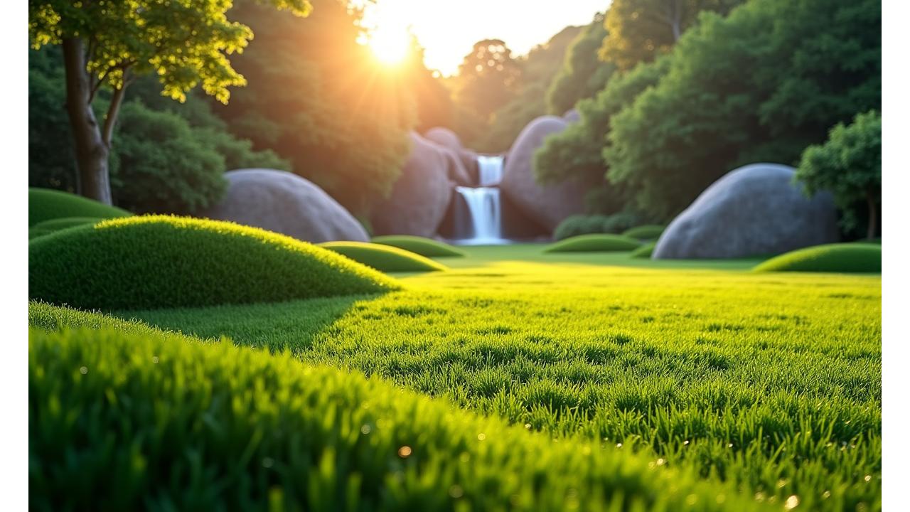 美しく整備された日本の山岳庭園の芝生が、なだらかな丘陵と岩、流れ落ちる滝と調和している。朝日が芝生を照らし、露が輝く情景。