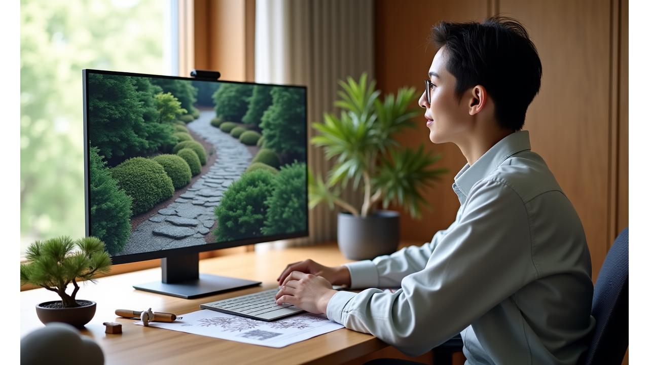 専門家によるバーチャルガーデンデザイン相談の様子。タブレットで日本の山岳庭園の設計図を見るクライアントとデザイナー